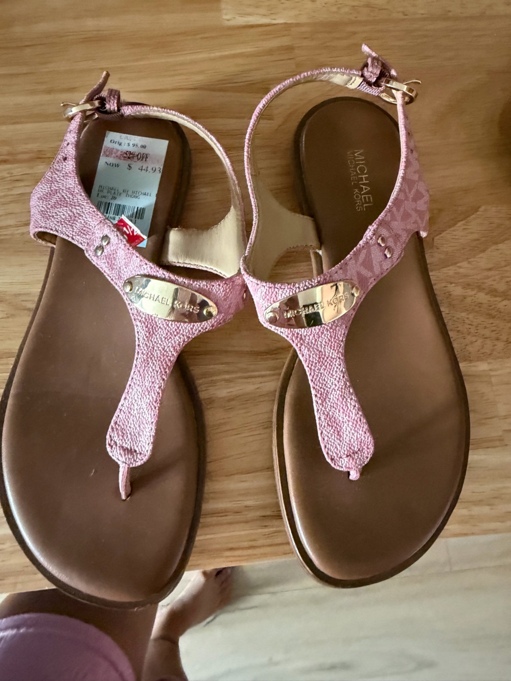MICHAEL Michael Kors Pink Textured Thong Sandals with Gold Logo Plate